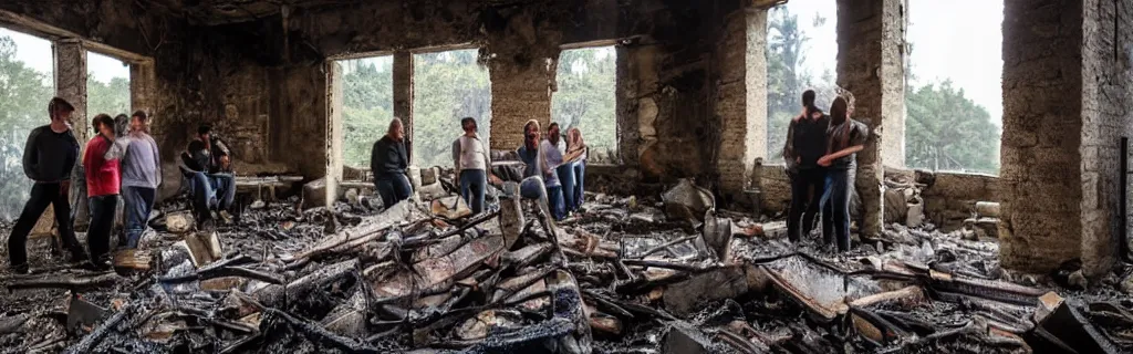 Prompt: group huddled around a fire in a decaying building with the world outside overgrown and in ancient architecture ruins from a higher perspective with dramatic lighting