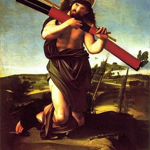 Image similar to Jesus Christ as Rambo a rocket launcher ,Caravaggio