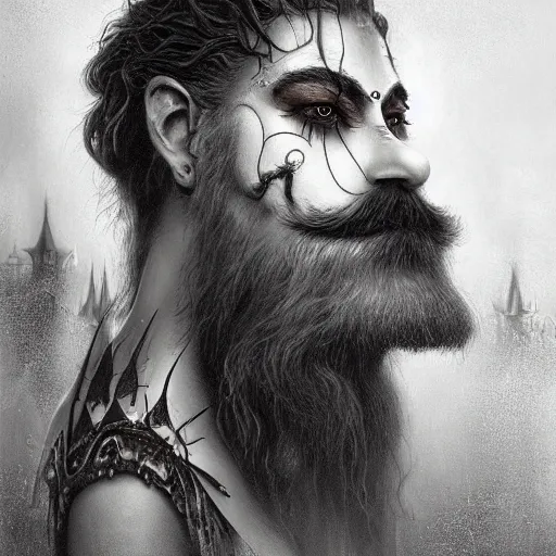 Image similar to By Tom Bagshaw, ultra realist soft painting of curiosities carnival by night, Dwarf grins beard, symmetry accurate features, very intricate details, ominous sky, black and white, volumetric light clouds