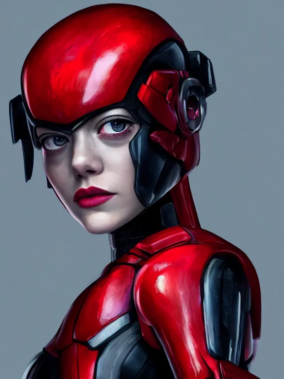 Prompt: photo of emma stone with red and black armour, ghost in the shell theme, cinematic lightning, trending on deviantart,instagram,UHD,4k,Denoise by Viktoria Gavrilenko