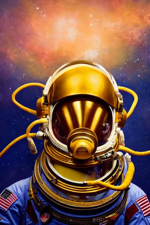 Image similar to extremely detailed studio portrait of space astronaut, tentacle coming out of mouth, helmet is off, helmet i in lap, full body, soft light, golden glow, award winning photo by nasa