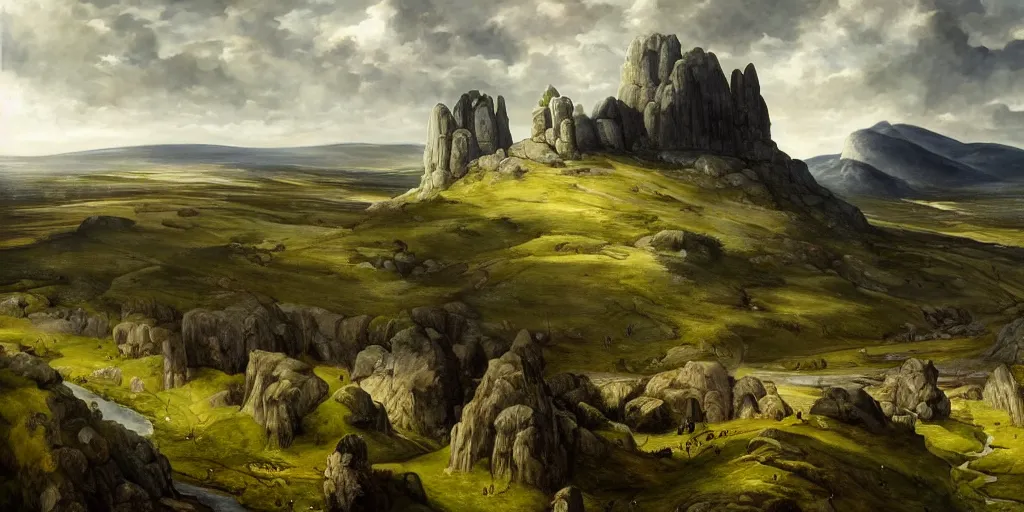 Prompt: Beautiful landscape of Aberdeenshire and Bennachie in the centre, physically accurate, dramatic dynamic lighting, intricate, elegant, highly detailed, digital painting, artstation, very hyperrealistic, Hieronymus Bosch, Tomas Sanchez, Renaissance, concept art, smooth, sharp focus, illustration, art by artgerm and greg rutkowski and alphonse mucha