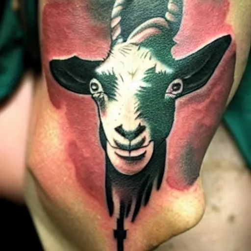 Prompt: a tattoo of a goat with a stick of dynamite in its mouth