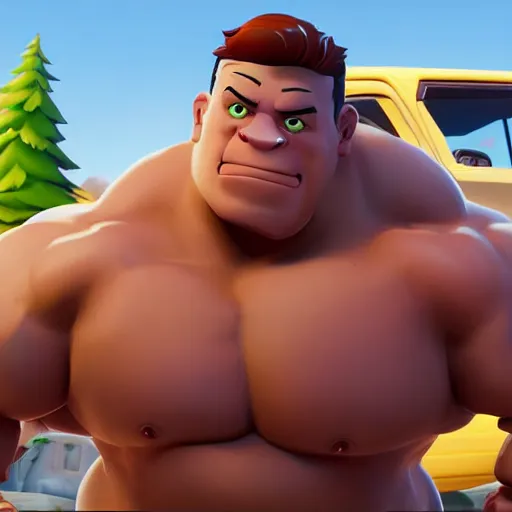 Image similar to fat john cena driving a car with really big tires, super big tires, fortnite screenshot. 8k, 4k. Chonkers. Chonk.