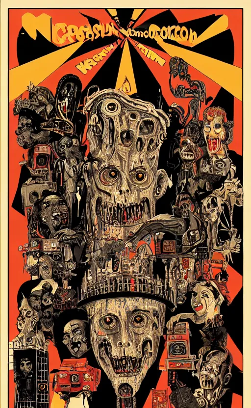 Image similar to cursed with necronomicon horrorcore cel animation poster depicting i don't know, intricate faces, metropolis, 1 9 5 0 s movie poster, post - processing, vector art