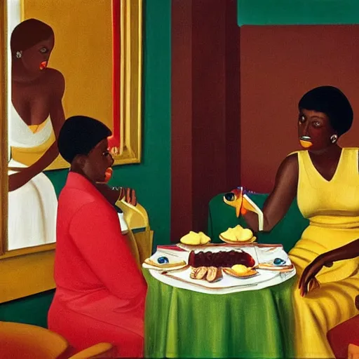 Prompt: dark skinned people eating at a regal buffet ultra detailed beautiful setting elegant event nigerian party minimalist gold ornaments iridescent lighting glamour in the style of edward hooper and henri matisse yinka shonibare oil painting