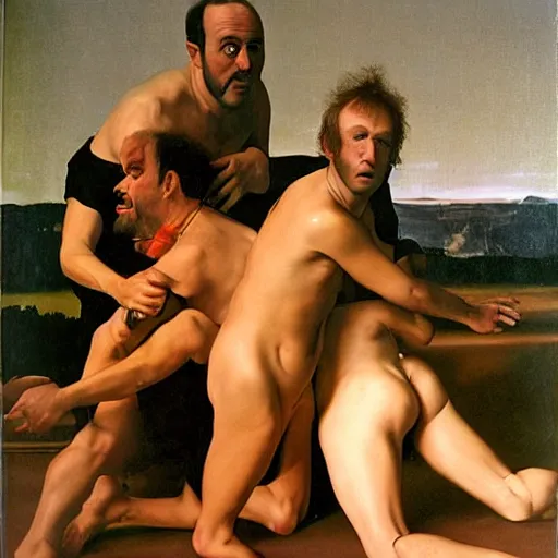 Image similar to matt stone and trey parker as the three stooges in a caravaggio painting