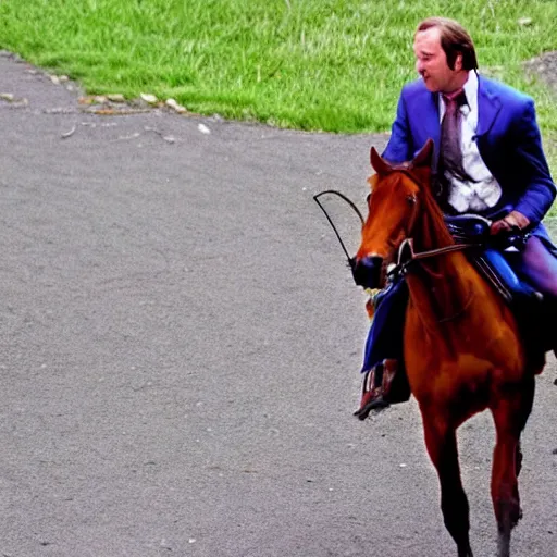 Image similar to saul goodman riding a horse while holding a sword, tv still