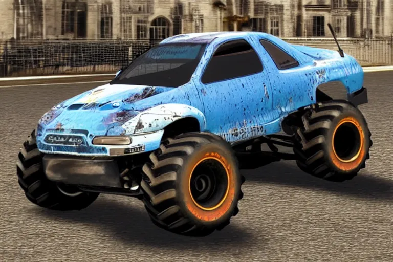 Image similar to a Monster truck Citroen Saxo, realistic, 4k, detailed