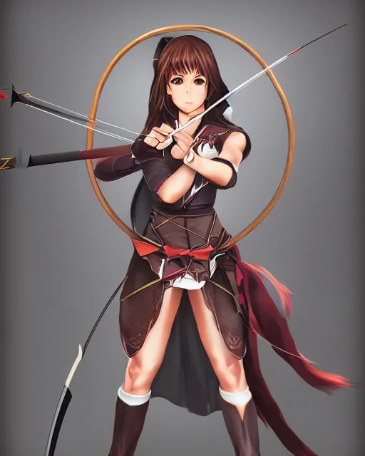 Image similar to anime girl with a bow and arrow, female archer, angry, warrior, realistic face, heroes archery japanese cartoon woman, artstation trending, concept art, digital painting