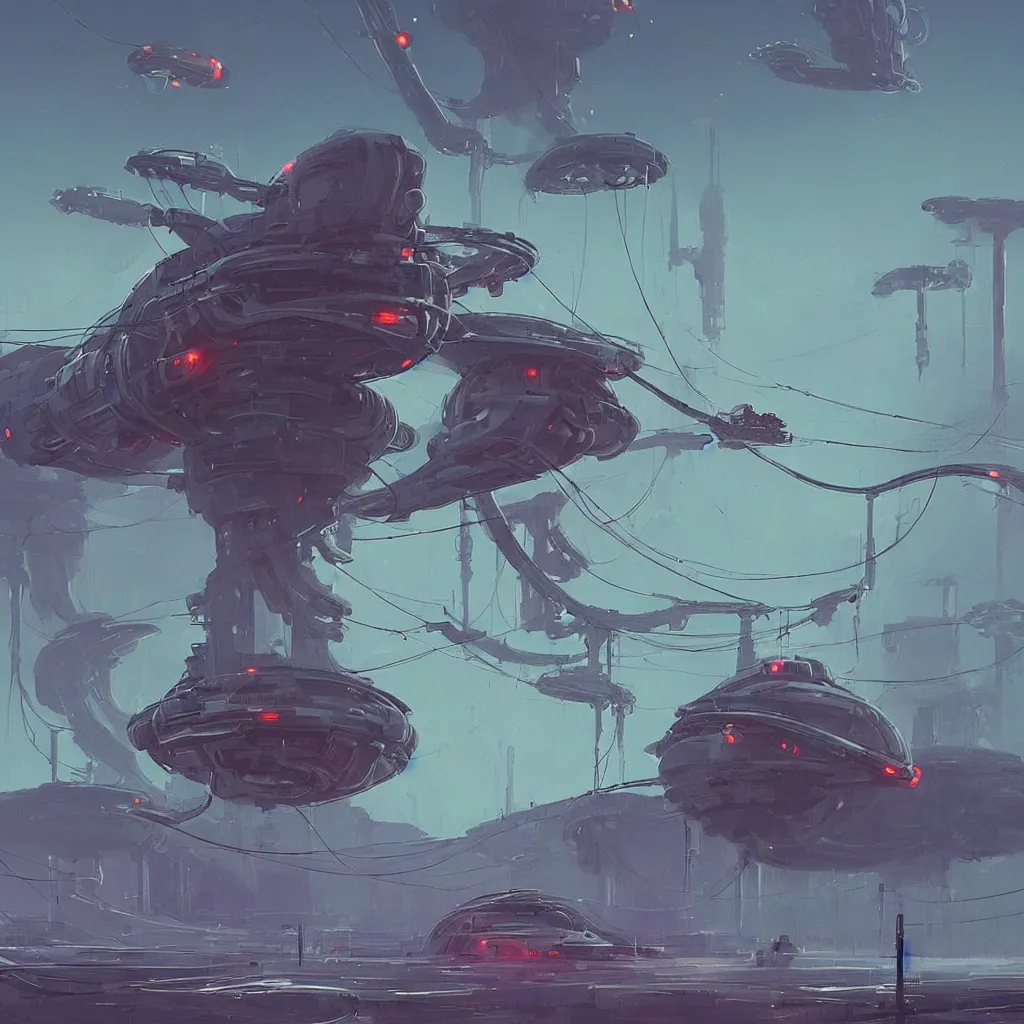 Image similar to mechanical starship with long tendrils, lots of hanging cables and wires, messy cords, sci - fi concept art, by john harris, by simon stalenhag, stunning, award winning