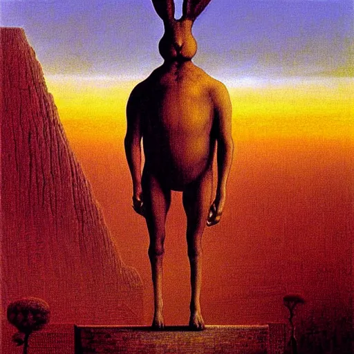 Image similar to a giant rabbit stands over a city painting by beksinski, by larry elmore, dali colors. masterpiece painting