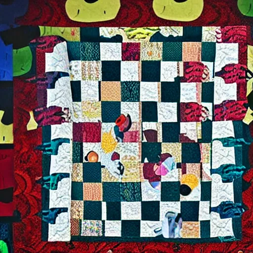 Prompt: a patterned quilt of strange clowns