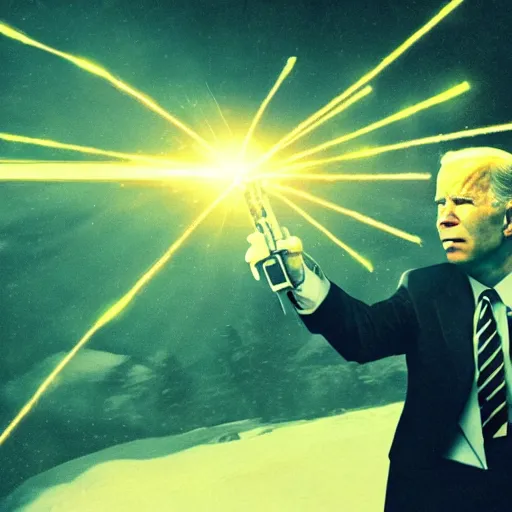 Image similar to god emperor joe biden shooting red lasers out of his eyes. fantasy art. vhs filter effect. film grain. dark.