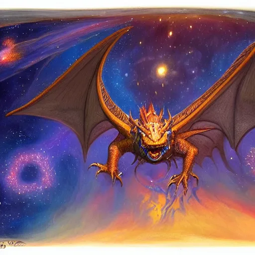 Prompt: A beautiful illustration of a dragon in space by Justin Gerard. The dragon is in the foreground with its mouth open, revealing rows of sharp teeth. Its body is coiled and ready to strike, and its tail is wrapped around a star in the background. The colors are bright and the background is full of stars and galaxies. The overall effect is one of chaotic energy and movement. metaphysical painting by Pete Turner realistic, ornate