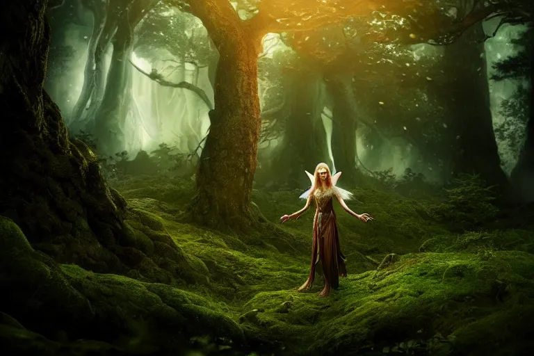 Image similar to a cinematic, fantasy, headshot portrait, of an elden ring elf, fairy lights, background of a vast shrubbery forest, with trees and waterfalls, detailed, deep focus, movie still, dramatic lighting, ray tracing, by michal karcz and yoshitaka amano