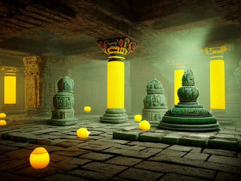 Prompt: an ancient temple within a walled underground city, hyperrealism, high contrast, low light, vibrant color, psychedelic, green mist, blue cobblestones, orange demons, yellow lanterns. 3 d render, unreal engine, volumetric lighting