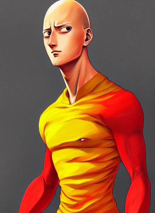 Prompt: handsome saitama, half body shot, path traced, red and yellow, highly detailed, high quality, digital painting, alena aenami, lilia alvarado, shinji aramaki, karol bak, alphonse mucha, tom bagshaw