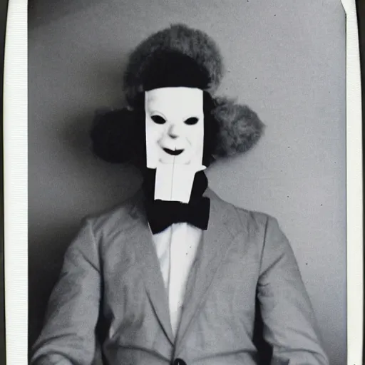 Image similar to a Polaroid photo of a man in a suit wearing a Venetian Pierrot mask
