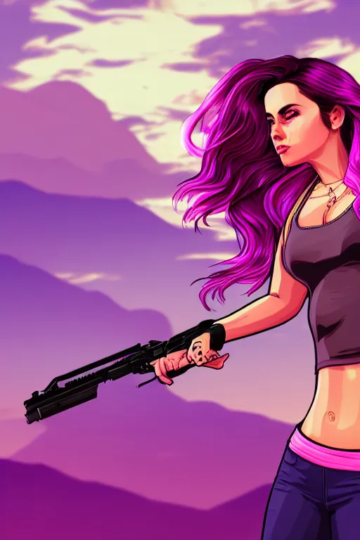 Image similar to a stunning GTA V loading screen with a beautiful woman with ombre purple pink hairstyle, hair blowing in the wind, outrun, vaporware, retro, digital art, trending on artstation