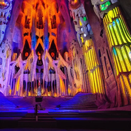 Prompt: glowing translucent theater stage in la sagrada familia, cyberpunk, dark room, science fiction magazine, cut up collage, 4 k close up, wide angle