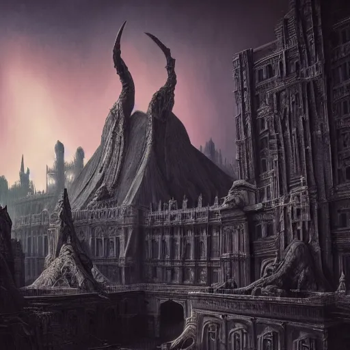 Image similar to sci - fi concrete alien eldritch demonic baroque rococo gothic architecture in hell, babylonian, ziggurat, zaha hadid, beksinski, wayne barlowe, oil painting, photoreal, highly detailed, 8 k, hd, vray, artstation, cinematic matte painting, extreme detail photo quality, sunset, featured on behance