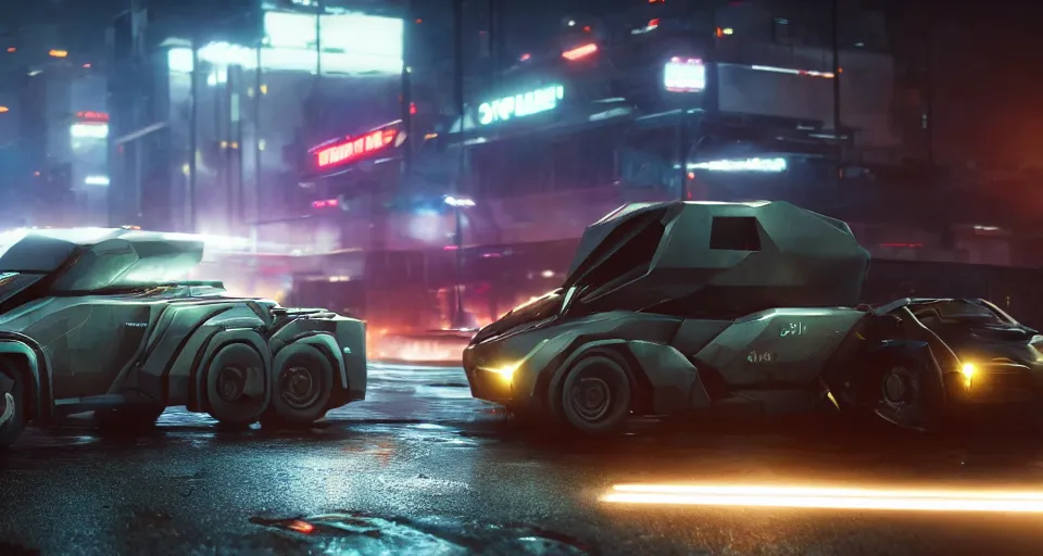 Image similar to closeup photo of combat tesla cybertruck driving on wet dystopian cyberpunk city streets at night, mad max, action, speed, volumetric lighting, hdr, need for speed, gta 5, forza, makoto shinkai, syd mead, craig mullins, cinematic, fast and furious, blade runner, octane, 8 k, iso 1 0 0, 1 2 mm