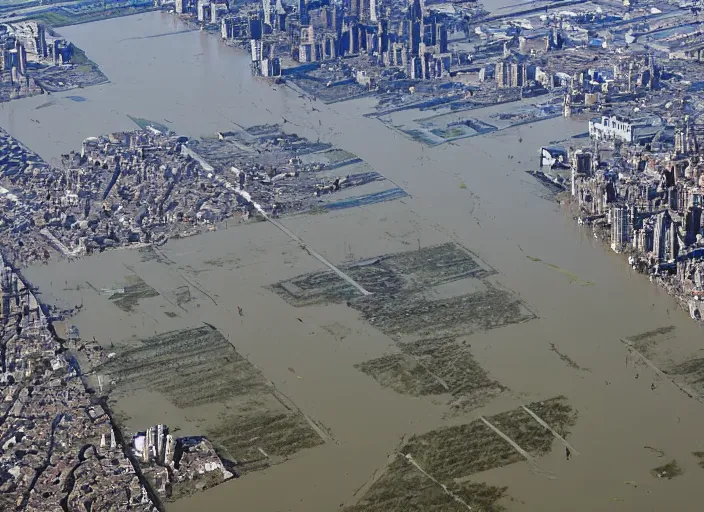 Image similar to aerial photograph of Manhattan, flooded and abandoned, reclaimed by the sea