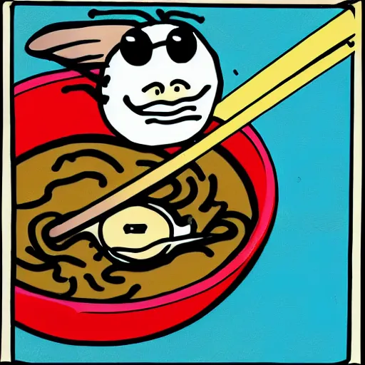 Prompt: wise old fly with a white beard eats ramen with chopsticks