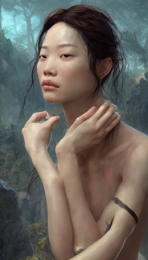 Image similar to epic masterpiece michelle ang, sweaty skin, hyperrealistic, octane render, cinematic, beautiful face and flawless skin, perfect hands, 5 fingers, by edgar maxence and ross tran and michael whelan, legends of runeterra