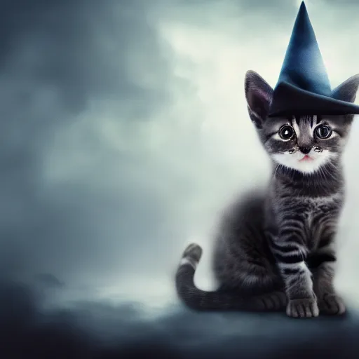 Prompt: a kitten wearing wizard robes and wizard hat, matte oil painting, eldritch, magical, fog, noble, full body portrait, extremely detailed, inspiring, award - winning, clear, crisp, sharp, 4 k, 8 k