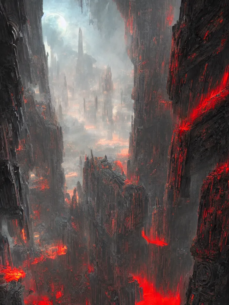 Prompt: inside vast echoing cathedral, interior, gigantic ancient aztec gateway in towering black temple stone wall stretching upwards, futuristic hovering obelisks with red glowing patches, scifi, science fiction spacecraft, tiny tribal people, ruins, vines, jagged blocks of stone, john berkey, james gurney, pengzhen zhang, daniel dociu, vladimir motsar