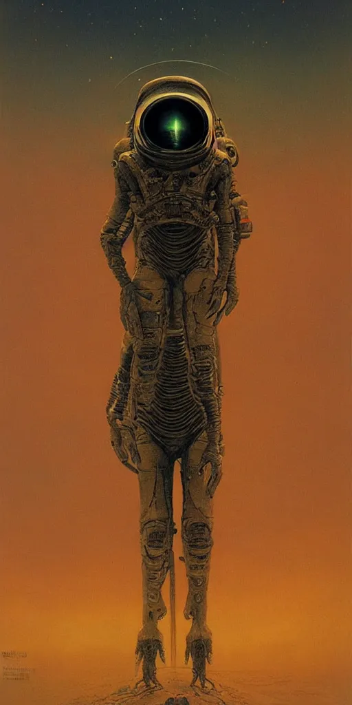 Image similar to alien astronaut, by beksinski, dynamic composition, dramatic lighting, hyperrealistic, ultra detailed, nitro colors