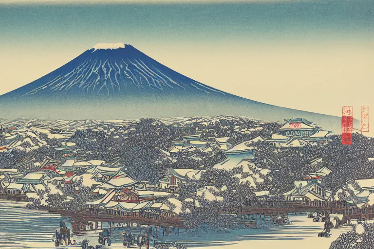 Prompt: Winter,Town at the Foot of Mount Fuji,Lithograph Print, by Taizi Harada.