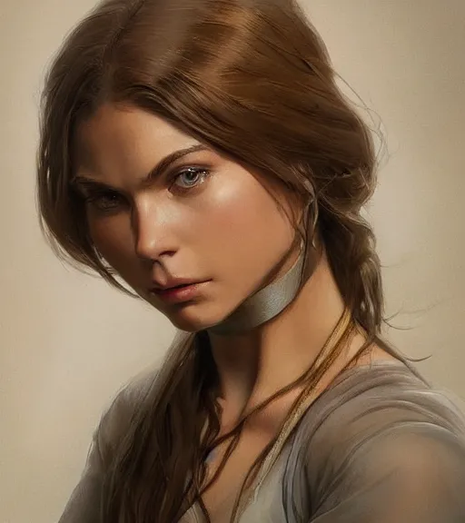 Prompt: portrait of a young woman, soft features, muscular, half body, cloth, hazel eyes, short brown hair, back light, d & d, fantasy, intricate, highly detailed, digital painting, artstation, concept art, smooth, sharp focus, illustration, art by artgerm and greg rutkowski and alphonse mucha