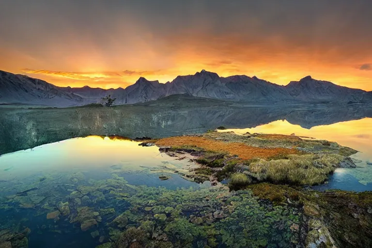 Image similar to amazing landscape photo of mountains with lake in sunset by marc adamus dramatic lighting, Gediminas Pranckevicius