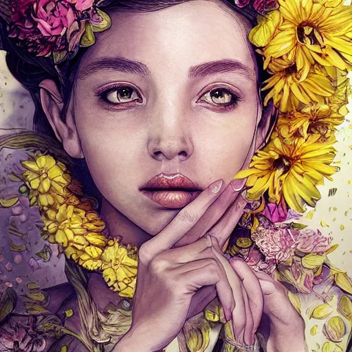 Image similar to the portrait of an absurdly beautiful, graceful, elegant, and wise young woman made of bananas and petals, an ultrafine detailed illustration by kim jung gi, irakli nadar, intricate linework, bright colors, octopath traveler, final fantasy, angular, unreal engine 5 highly rendered, global illumination, radiant light, detailed and intricate environment