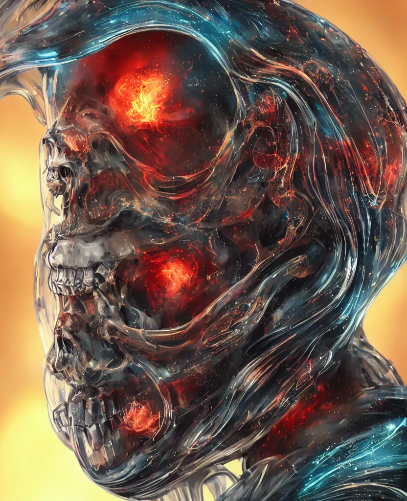 Image similar to close-up macro portrait of the face of a beautiful princess rotten skull in a spaceman suit, epic angle and pose, symmetrical artwork, 3d with depth of field, blurred background, cybernetic jellyfish female face skull phoenix bird, translucent, nautilus, energy flows of water and fire. a highly detailed epic cinematic concept art CG render. made in Maya, Blender and Photoshop, octane render, excellent composition, cinematic dystopian brutalist atmosphere, dynamic dramatic cinematic lighting, aesthetic, very inspirational, arthouse. y Greg Rutkowski, Ilya Kuvshinov, WLOP, Stanley Artgerm Lau, Ruan Jia and Fenghua Zhong