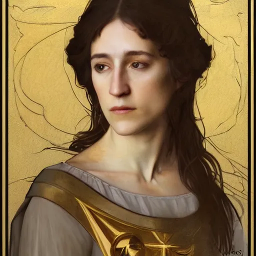 Image similar to portrait of charlotte gainsbourg as joan of arc, hyperreal digital painting, iconography influenced by alphonse mucha and eugene delacroix, arstation and deviantart trends, high resolution 8 k