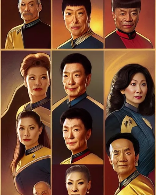 Prompt: Portrait of Star Trek TNG cast but they are chinese, real life skin, intricate, elegant, highly detailed, artstation, concept art, smooth, sharp focus, art by artgerm and greg rutkowski and alphonse mucha