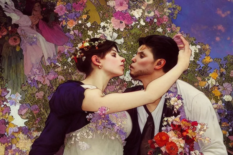 Image similar to the groom kisses the bride at a wedding full of flowers, bright and happy, dreamlike art, highly detail, 4 k realistic, wedding photoy krenz cushart. artem demura. alphonse mucha. yoji shinkawa artgerm. jon lothian. danilo torres. adi meyers. thomas reimann. gaston bussiere.