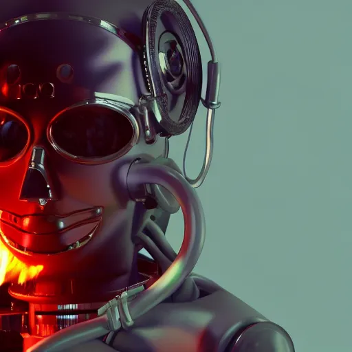 Image similar to An album cover, fire, mask, stethoscope, 3d render, ((robot)), (unreal engine), photograph, portrait, São Paulo