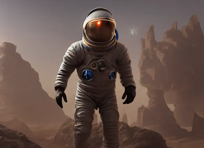 Image similar to still of christian holy astronaut wearing a retro space suit, he has the helmet under his arm, grim setting, dieselpunk, concept art, artstation, stephen bliss, unreal engine, game screenshot