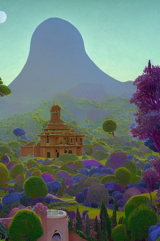 Image similar to distance view of the painted tower of the moon in its gardens fairytale illustration, tall windows, beautiful moorish tiles, dramatic cinematic lighting, rich colors, golden age illustration, by Sylvain Sarrailh and Nicholas Roerich and jean delville and Tyler Edlin and William Dyce and April Gornik ,unreal engine