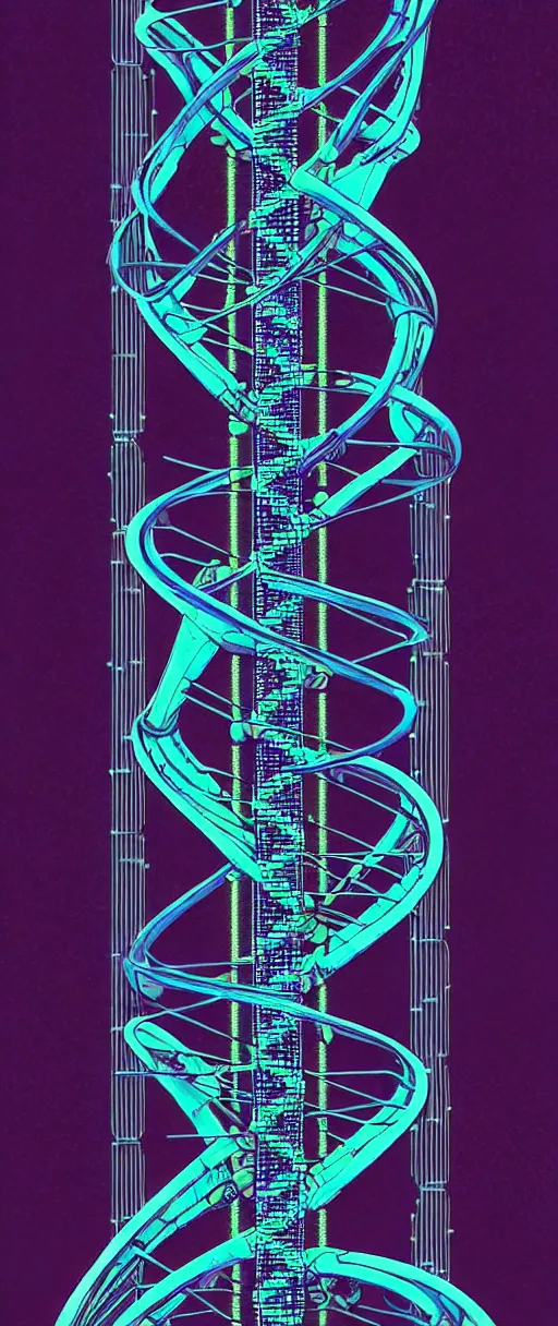 Image similar to a double helix dna cyberpunk pillar, high details, lineart, by vincent di fate, inking, 3 color screen print, masterpiece, trending on artstation, sharp, high contrast, hyper - detailed,, hd, 4 k, 8 k