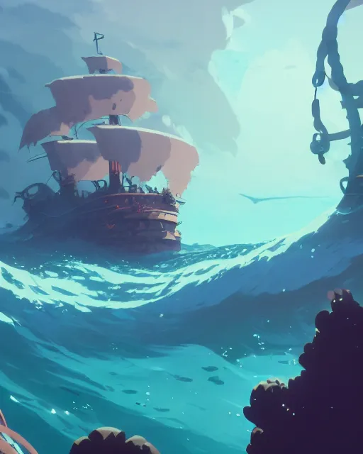 Image similar to a pirate ship being attacked by a kraken, deep water, glowing fish, rocks with lush vegetation, cory loftis, james gilleard, atey ghailan, makoto shinkai, goro fujita, studio ghibli, rim light, exquisite lighting, clear focus, very coherent, plain background, soft painting