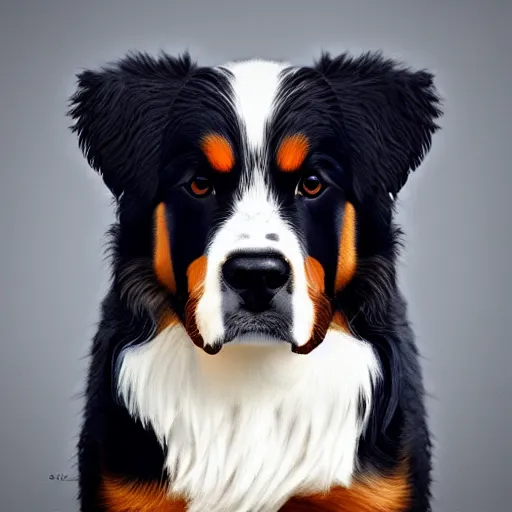 Image similar to portrait of a cute bernese dog, art by elke vogelsang, 8 k ultra realistic, trending on artstation, 4 k, hyperrealistic, focused, extreme details, unreal engine 5, cinematic, masterpiece