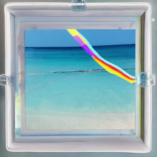 Image similar to a pastel colour high fidelity wide angle Polaroid art photo from a holiday album at a seaside with abstract inflatable parachute furniture, all objects made of transparent iridescent Perspex and metallic silver, no people, iridescence, nostalgic