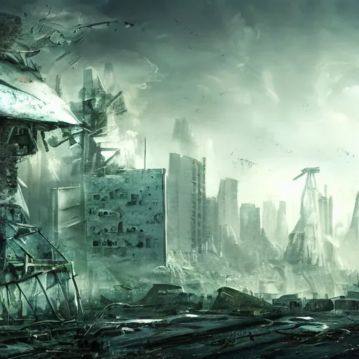 Image similar to damaged city, high - tech, concept art, forest, tornado, war