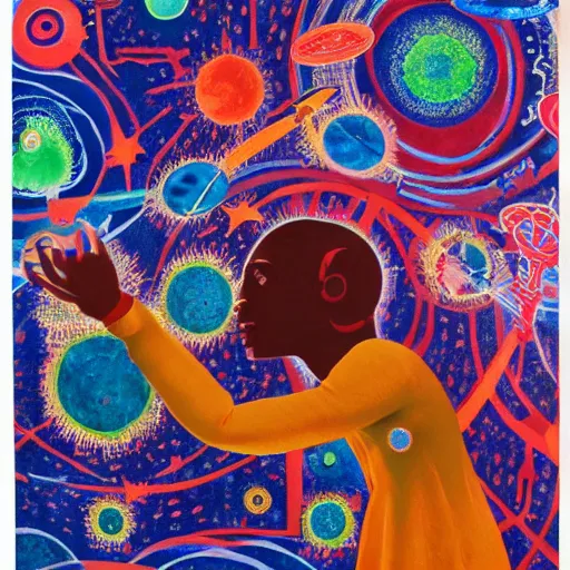 Image similar to A collage. A rip in spacetime. Did this device in her hand open a portal to another dimension or reality?! cosmic horror by Faith Ringgold, by Alexander Milne Calder vivid